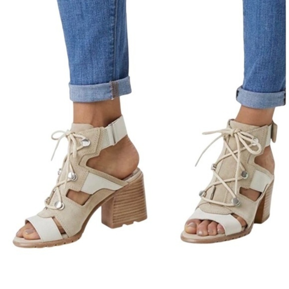 Sorel Beige Lace-Up Block Heel Sandals